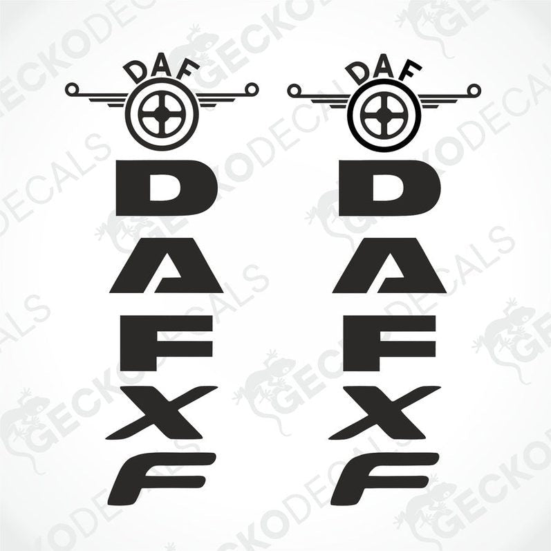 Two black decals for DAF XF trucks, with the DAF logo and the letter 'XF' in white.