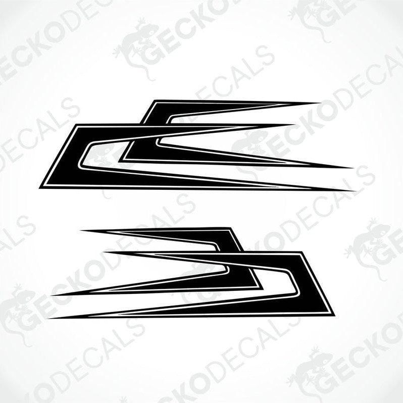 A pair of black and white geometric arrow-shaped decals designed for use on vehicles.