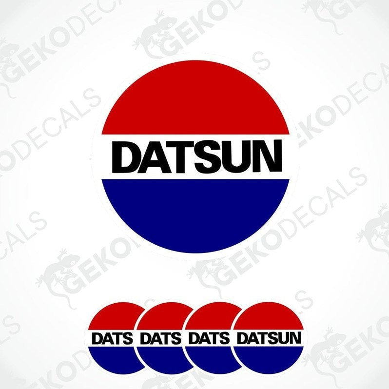 A set of four vinyl decals with polyurethane coating featuring the Datsun logo in black, red,blue and white colors.