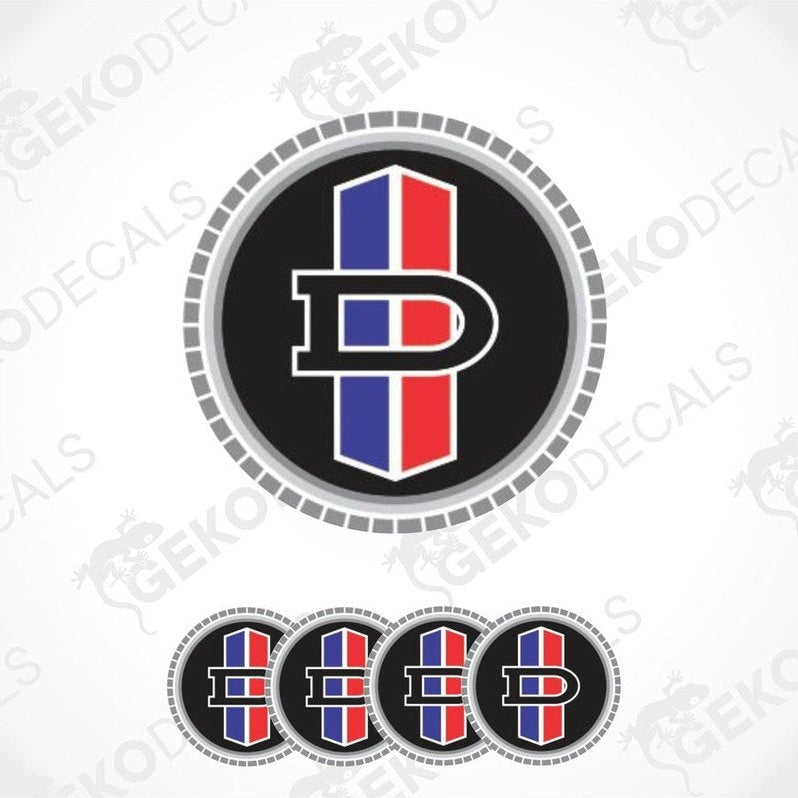 A set of vinyl decals with a geometric pattern and a prominent letter 'DATSUN' in red, blue, and white colors.