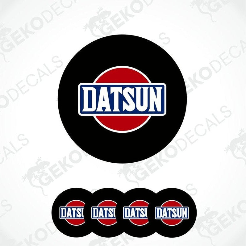 A set of four vinyl decals with polyurethane coating featuring the Datsun logo in black, red, and white colors.