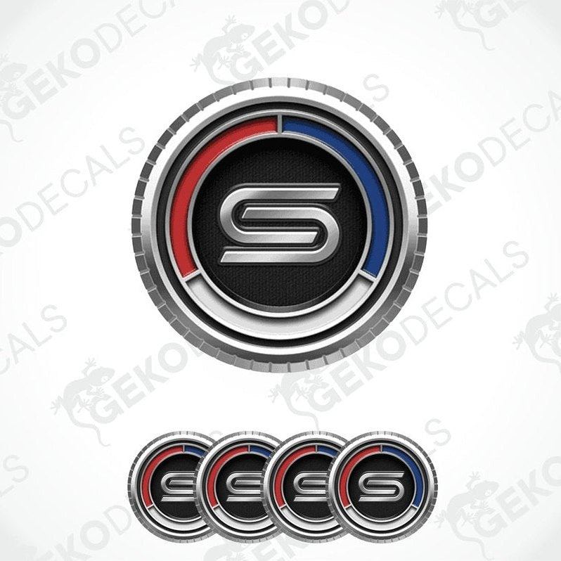 A set of vinyl decals for a car, featuring a central 'S' letter within a circular design, with red, white, and blue colors.