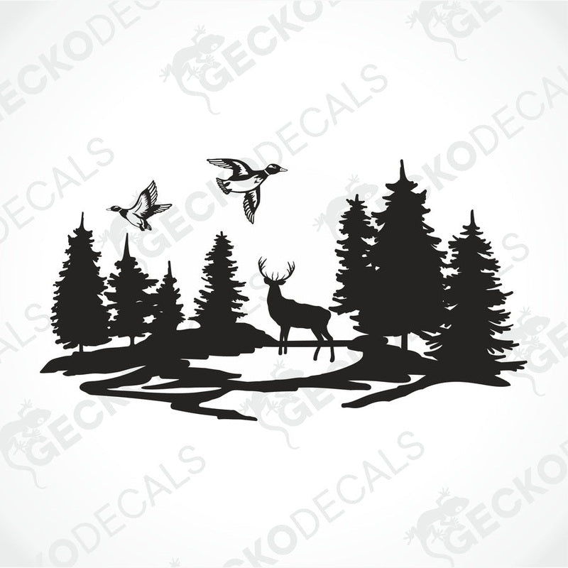 A die cut decal depicting a forest scene with trees, deer, and ducks, designed for use on vehicles or other surfaces.