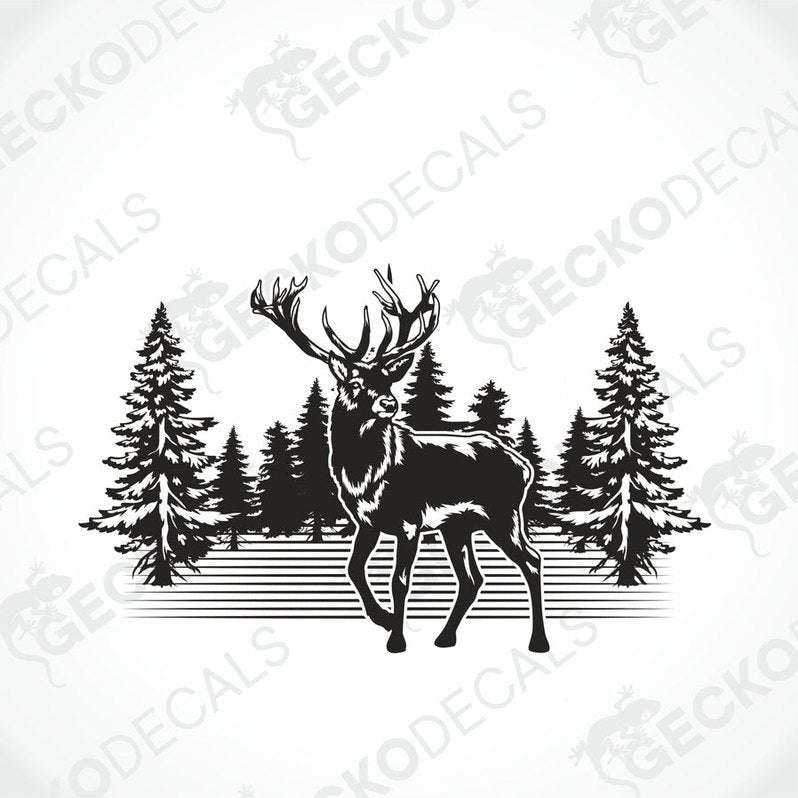 A die cut decal of a deer with a forest background, intended for use on vehicles or other surfaces.