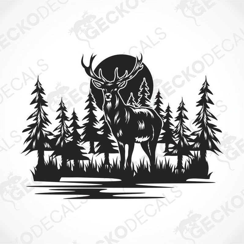 A die cut decal of a deer in a forest setting, intended for use on vehicles or other surfaces, displayed on a white background.