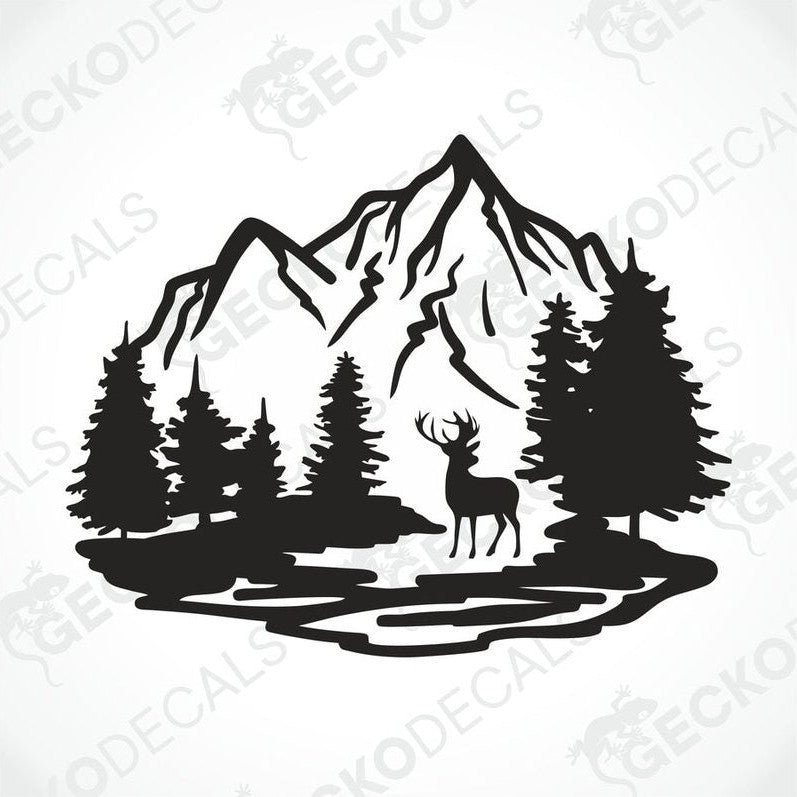 A decal of a mountain with trees and a silhouette of a deer on it.
