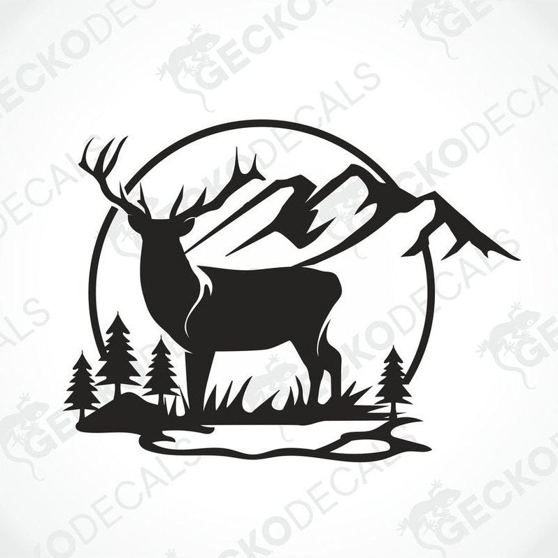 A die cut decal of a deer in a mountainous nature setting, applied on the rear of a white vehicle.