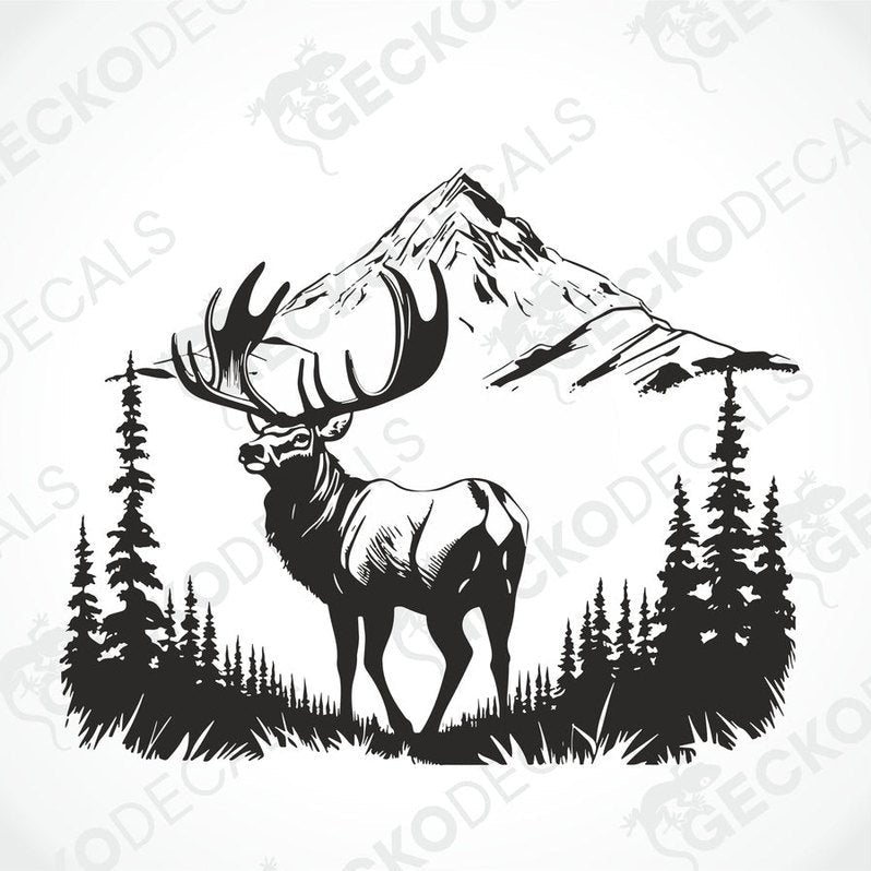 A decal of a deer in a mountainous landscape, positioned on the side of a white vehicle.
