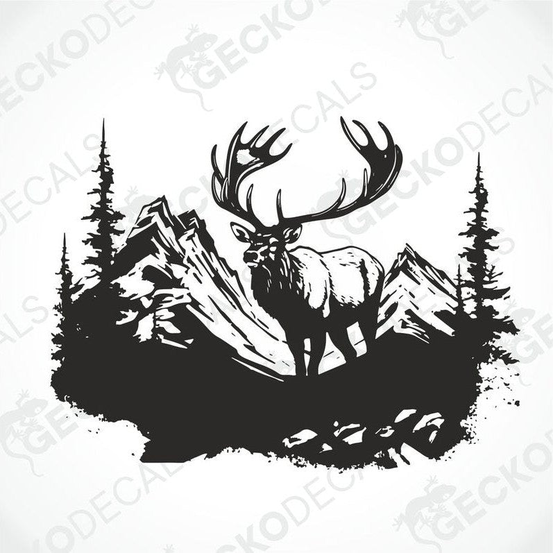 A decal of a deer with a set of antlers, depicted in a mountainous landscape with trees in the background.