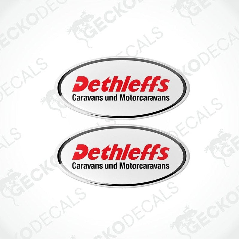 Two round vinyl decals with a red, white, and black 'DETHLEFFS Caravans und Motorcaravans' logo, placed on a white background.