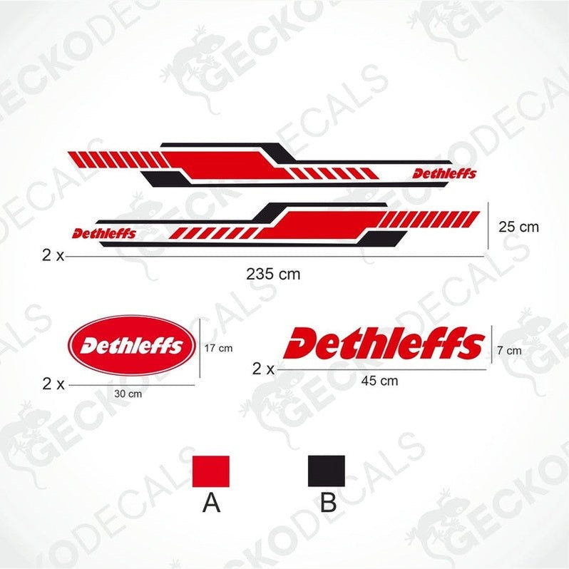 DETHLEFFS caravan sticker kit diagram showing dimensions for side stripes oval logo and text decals