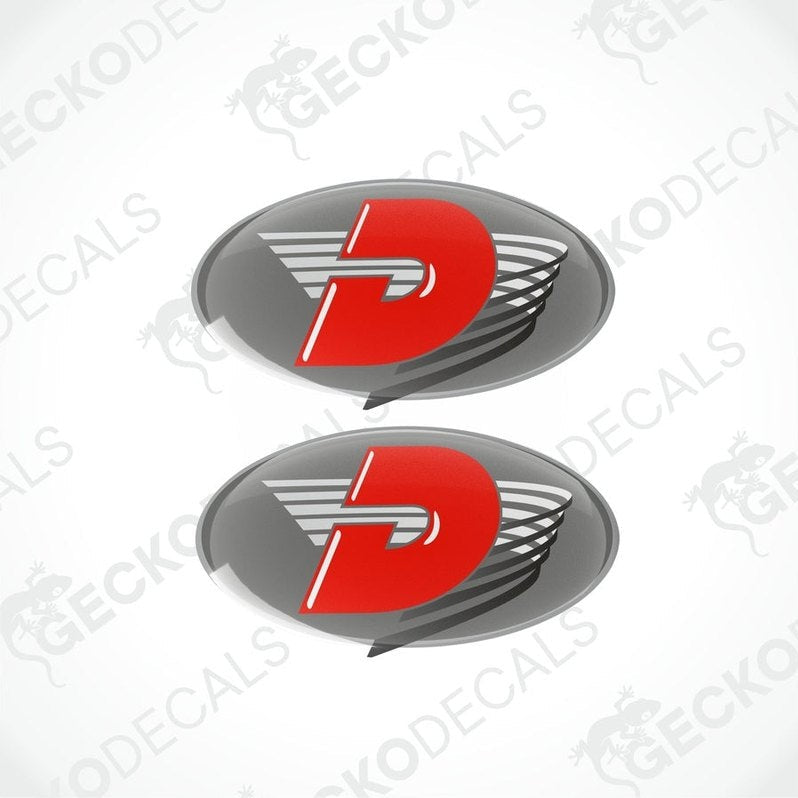 Two oval-shaped red and white vinyl decals with a polyurethane coating designed for caravan use.