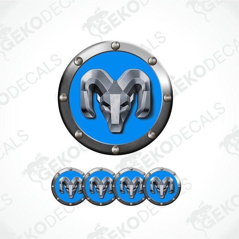 Ram logo decal with blue background and silver border on a white background
