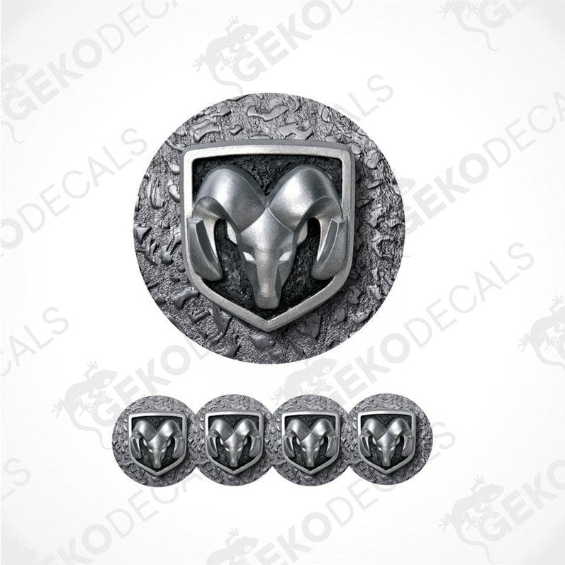 Metallic ram logo decal set on a textured background with 'Geckodecals'