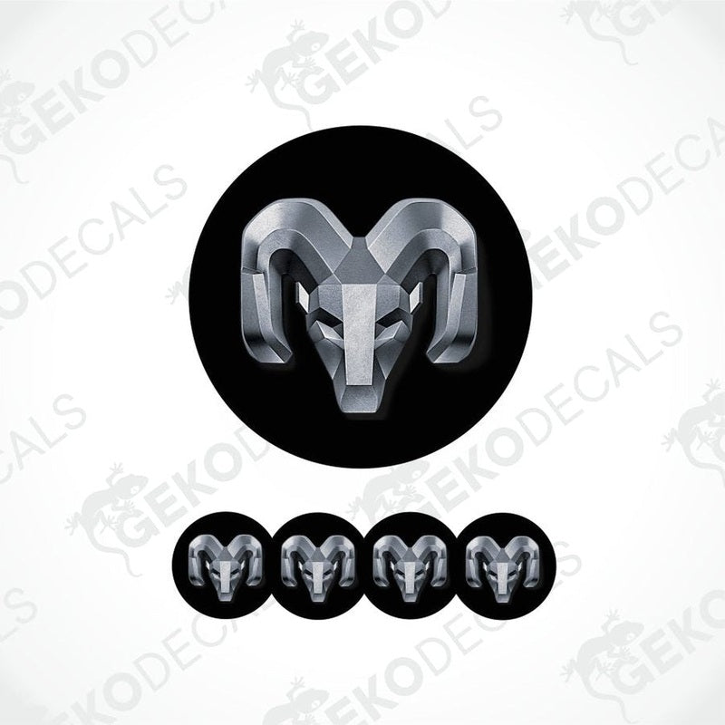 Rams logo and multiple ram head decals on a white background with 'Gekodecals' branding.