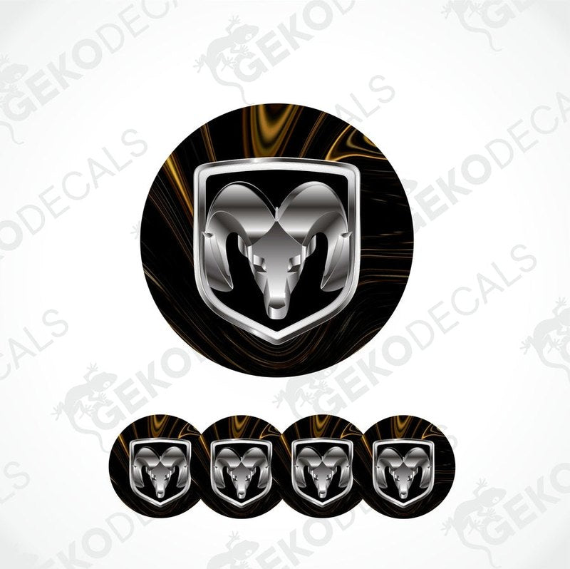 Set of four black vinyl stickers with a silver Dodge image on a white background