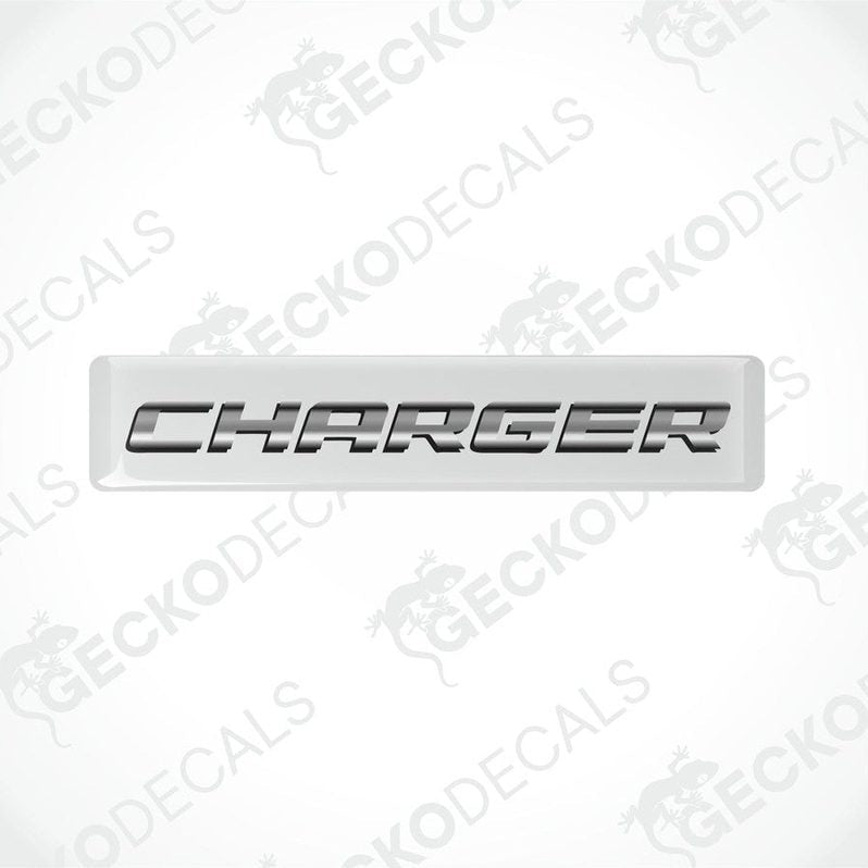 White vinyl decals with the word 'CHARGER' written in black letters.