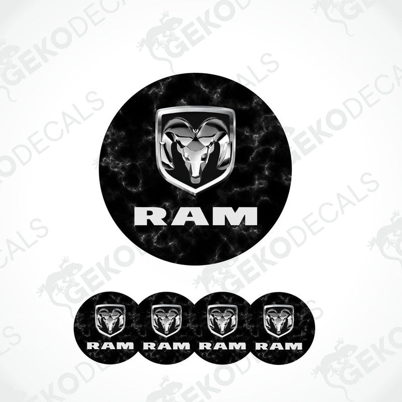 A set of black vinyl decals with the RAM logo, including four round decals and one larger oval decal.
