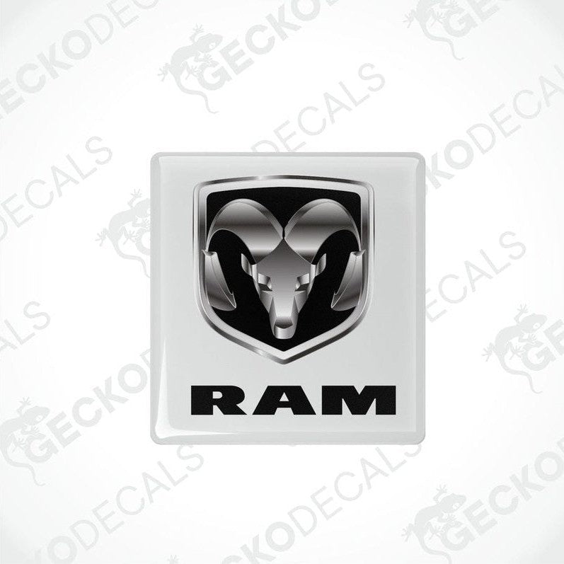 White vinyl stickers with a dodge ram logo, set against a white background with 'GECKODECALS' text.