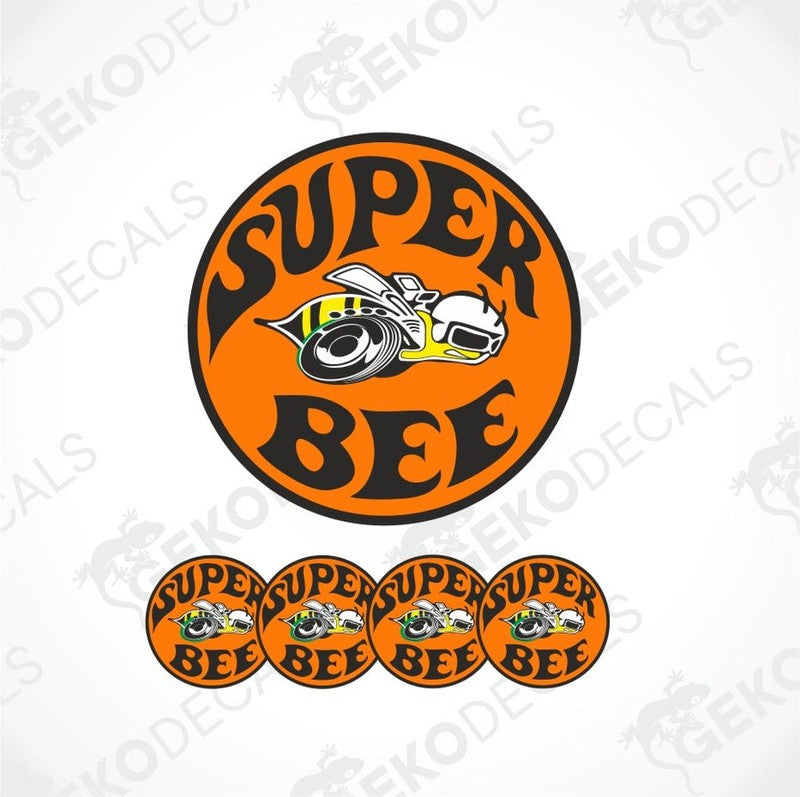 Super Bee logo with a bee and car on an orange circle, surrounded by four smaller versions of the logo.