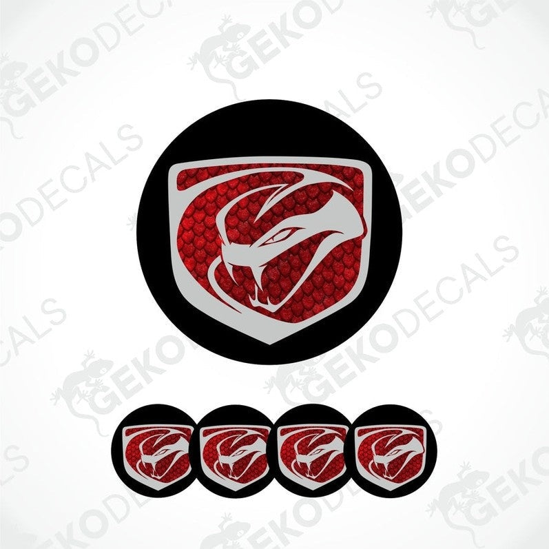 A set of four vinyl decals featuring a red and black viper logo on a car wheel and hubcap.