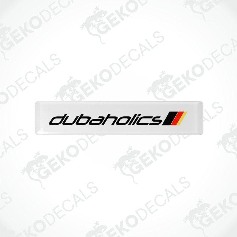 Withe decals with red and black text that reads 'DUBAHOLICS'