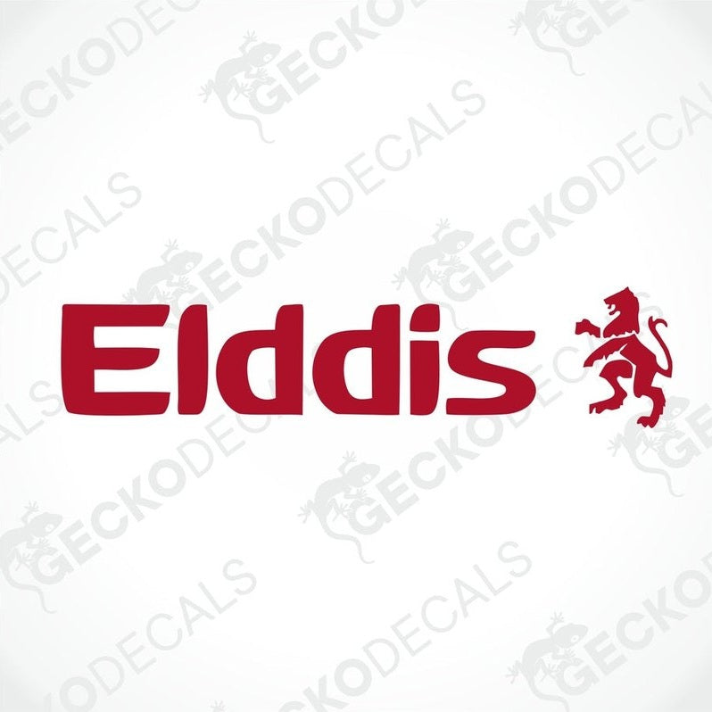 A red sticker with the text 'Ellddis' and a lion emblem on a white background, indicating it is a product for branding or decoration purposes, likely for a caravan.