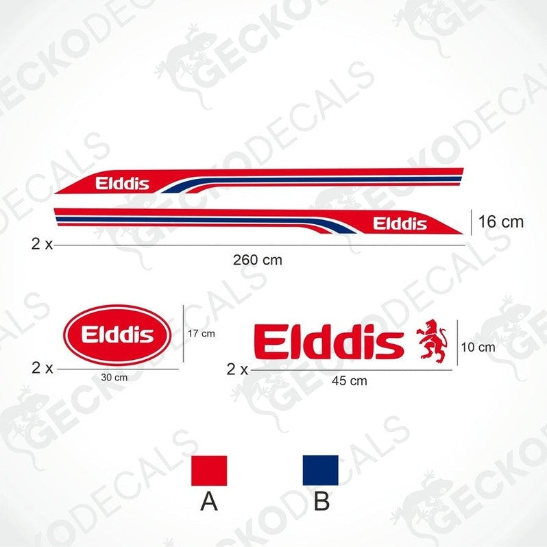 A white Gecko Decals branded caravan with ELDDIS text and red and blue decals.