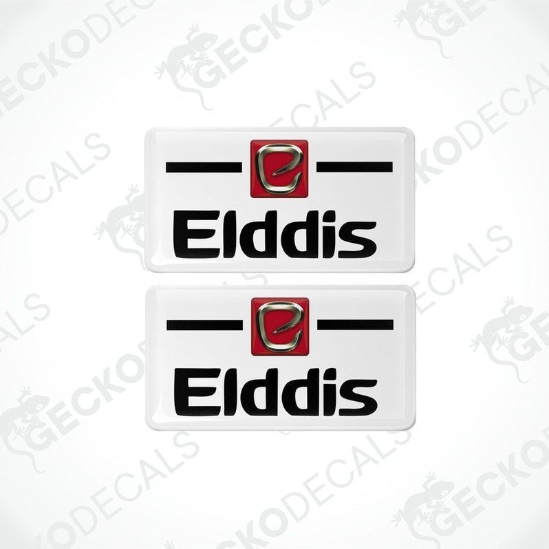 Two white vinyl stickers with the Elddis brand logo and Gecko Decals branding.