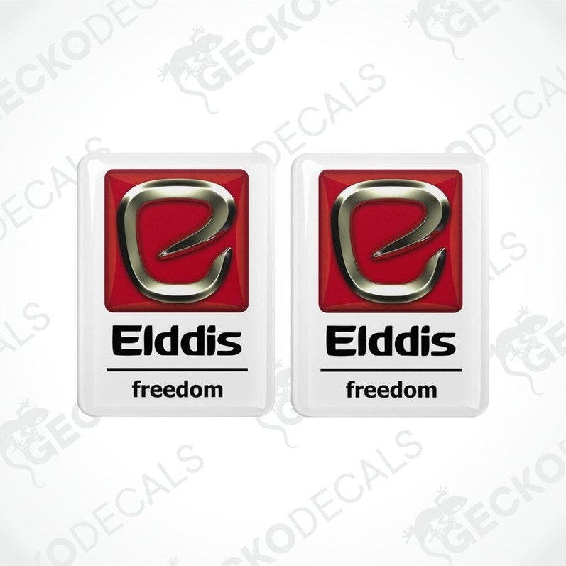 Two vinyl stickers with a red, white, and silver color scheme, featuring the word 'ELDDIS' and the concept of 'FREEDOM'.