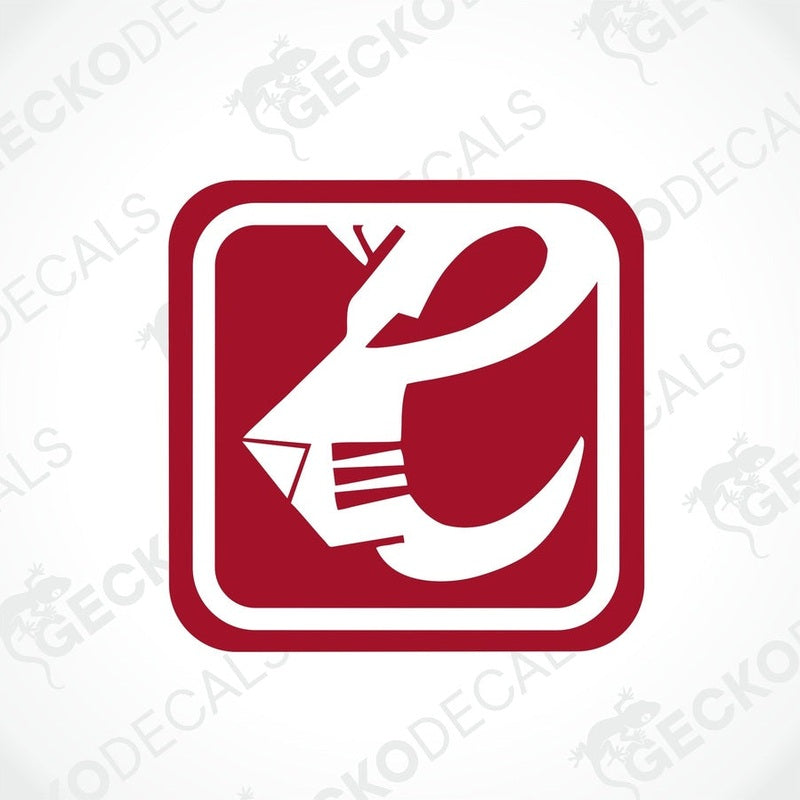 A red and white sticker with a stylized lion's face design, intended for use on caravans.