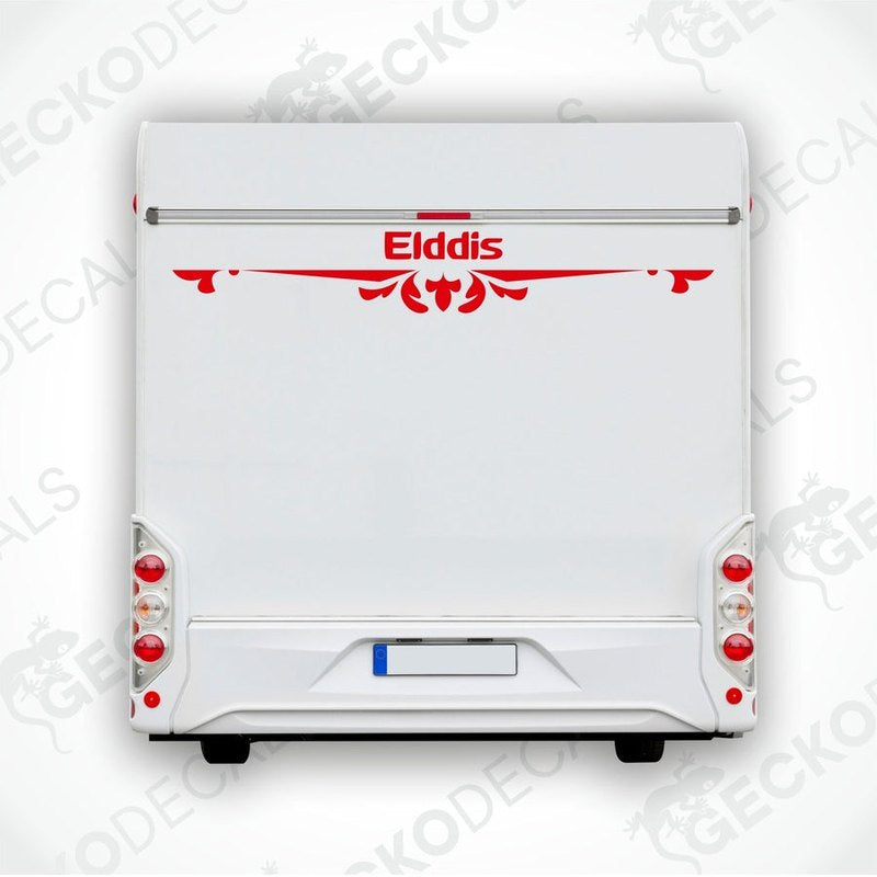A white caravan rear with a red and white 'Elddis' logo decal.