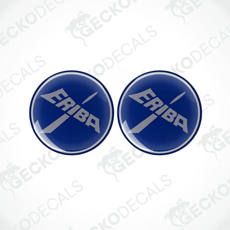 Two blue round epoxy decals with the white text 'ERIBA' on them, placed against a white background.