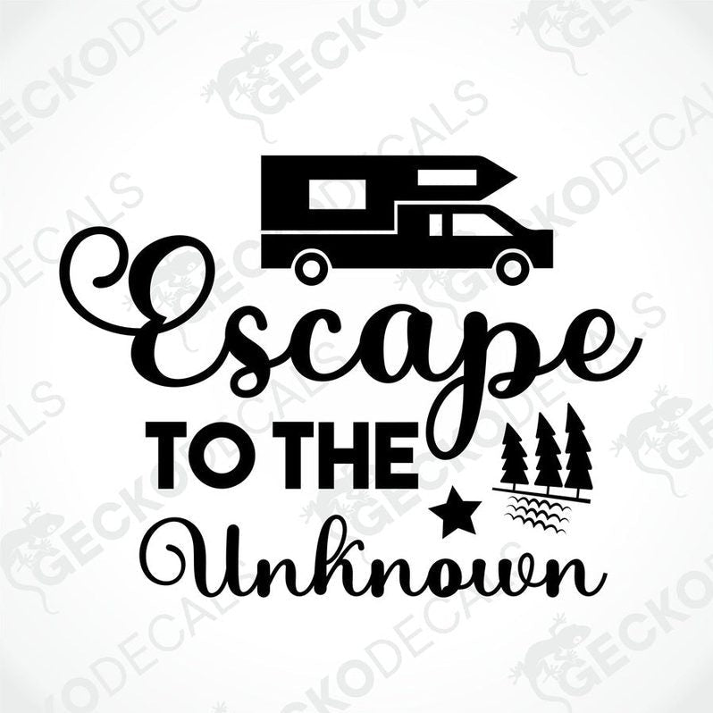 Black die-cut camper van decal with 'Escape to the Unknown' text and pine tree design
