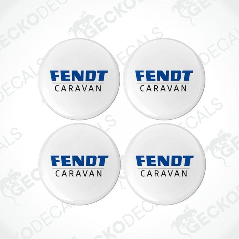 A set of four white epoxy decals with the Fendt Caravans brand name in blue.