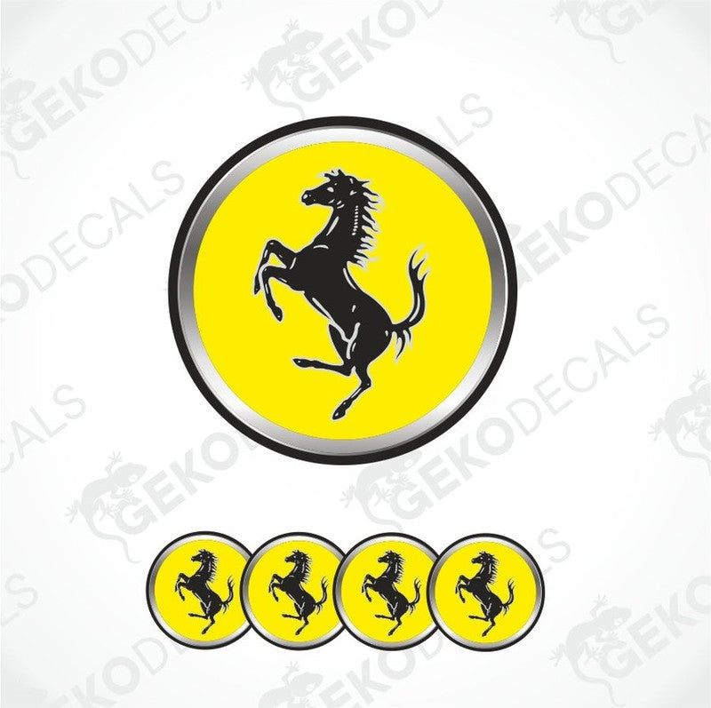 Ferrari logo with a horse on a yellow circle, surrounded by five smaller versions of the logo.