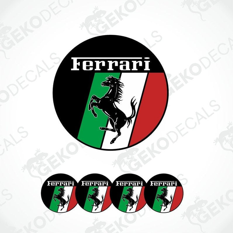 Black circular Ferrari car stickers featuring prancing horse logo and Italian flag stripes
