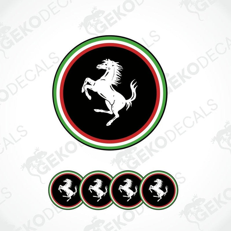 A set of vinyl decals featuring the Ferrari horse logo with a green, white, and red circular border.