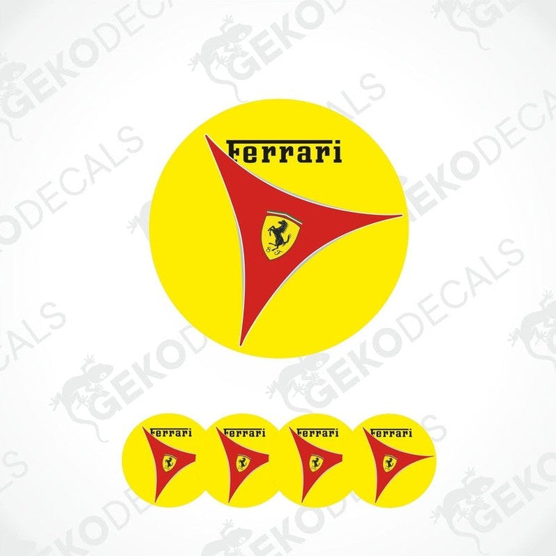 A set of yellow vinyl decals with the Ferrari logo in red and black.