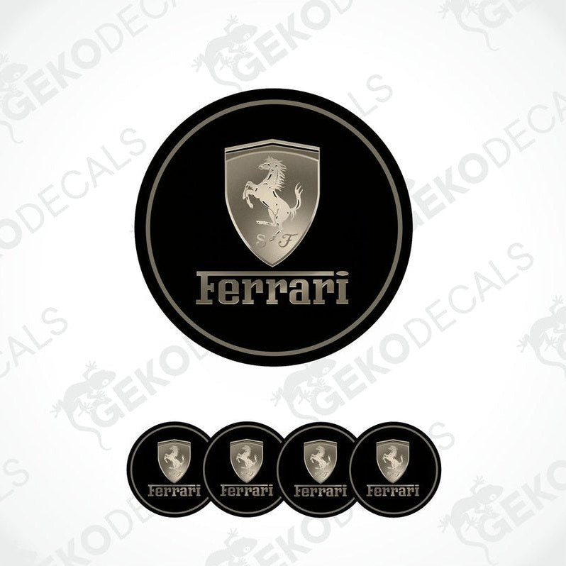 A set of four round black vinyl stickers with the Ferrari logo in the center.