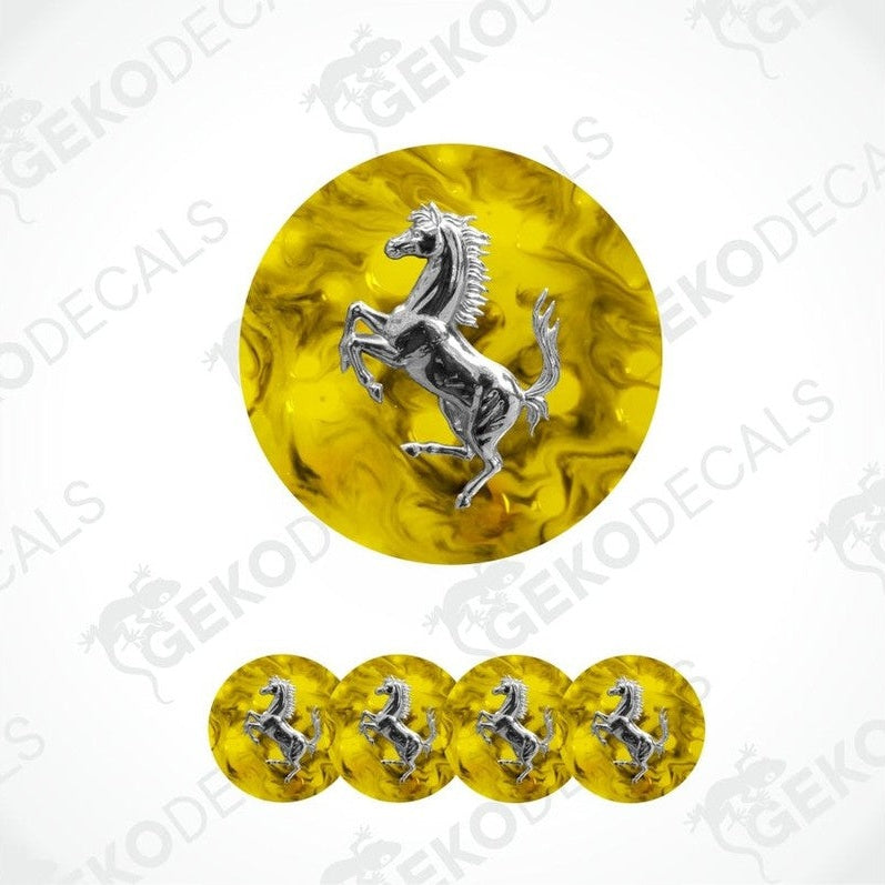 Set of yellow round decals with a silver horse design, branded 'Geckodecals'.
