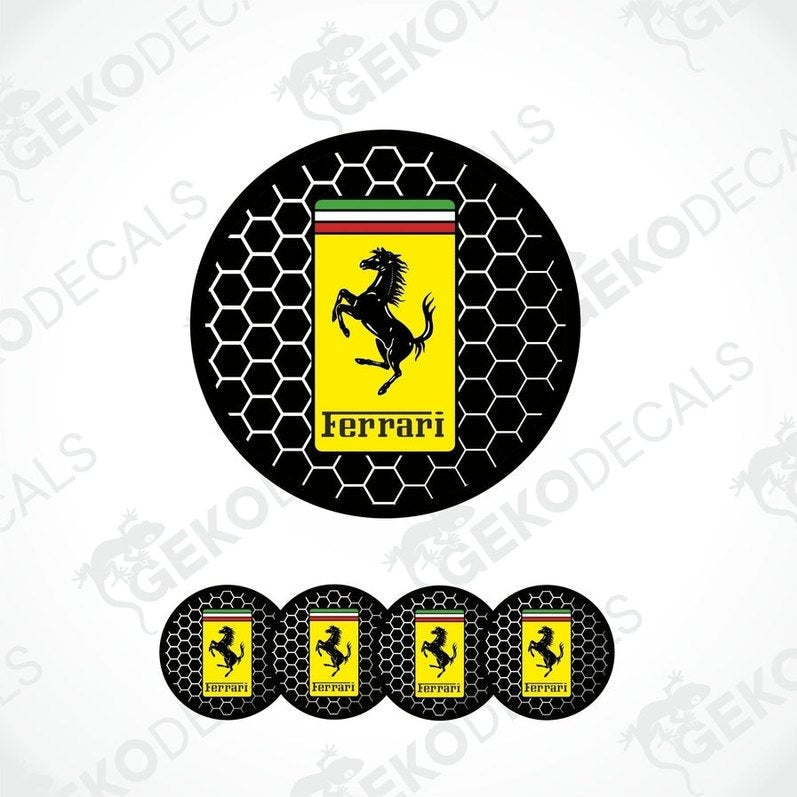 A set of vinyl decals with a polyurethane coating, featuring the Ferrari logo, displayed on a white background.