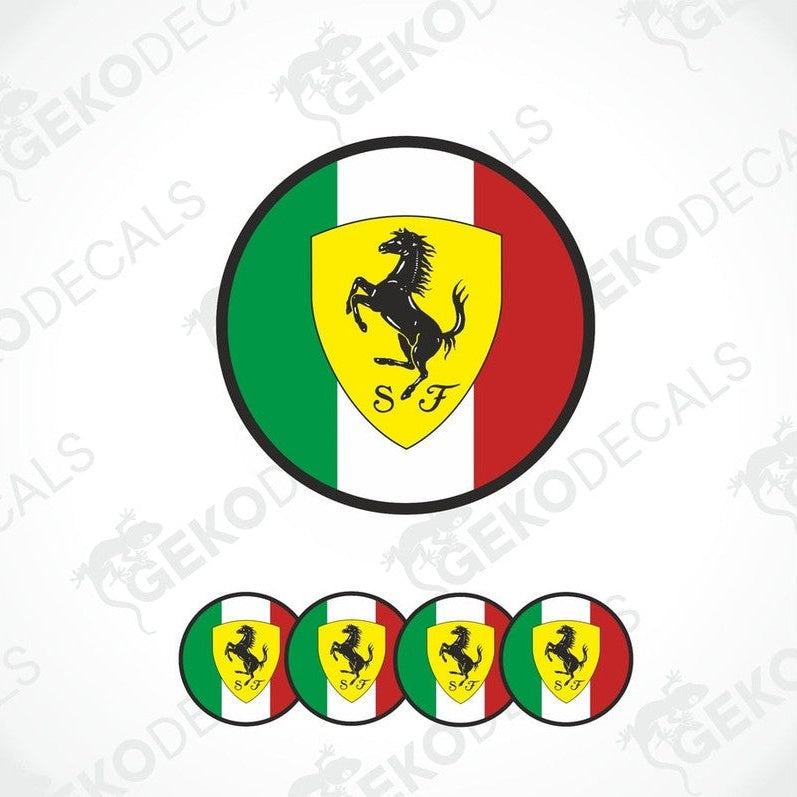 A set of round car decals featuring the Ferrari logo and the Italian flag colors.