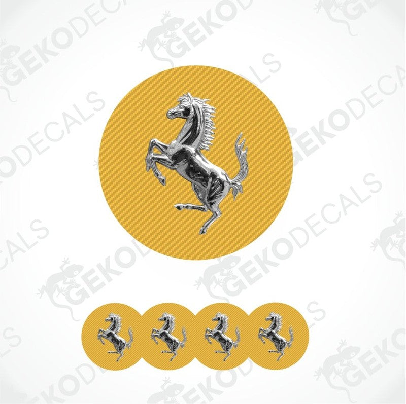 Ferrari logo with a horse on a yellow circle, repeated below.