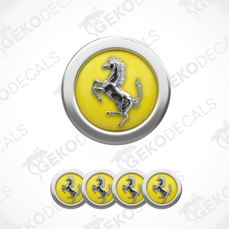 Ferrari logo decal with yellow background and silver horse emblem on a white background.