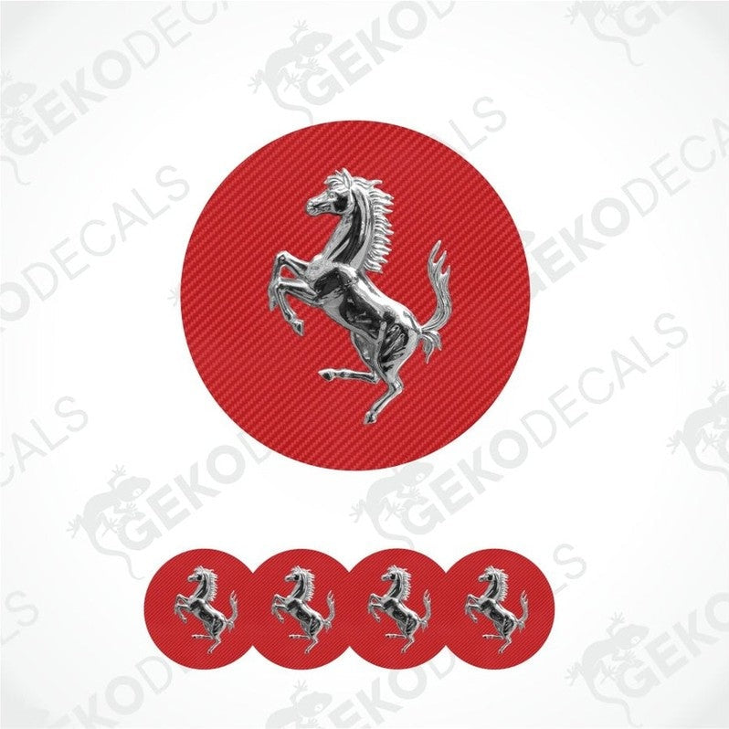 Ferrari logo with a red circle and horse emblem on a white background.