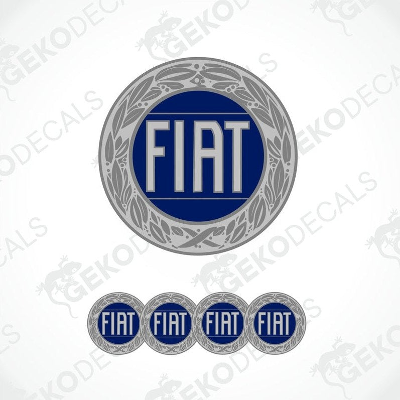 A set of four blue, silver, and white geometric-patterned vinyl stickers with the word 'FIAT' on them.