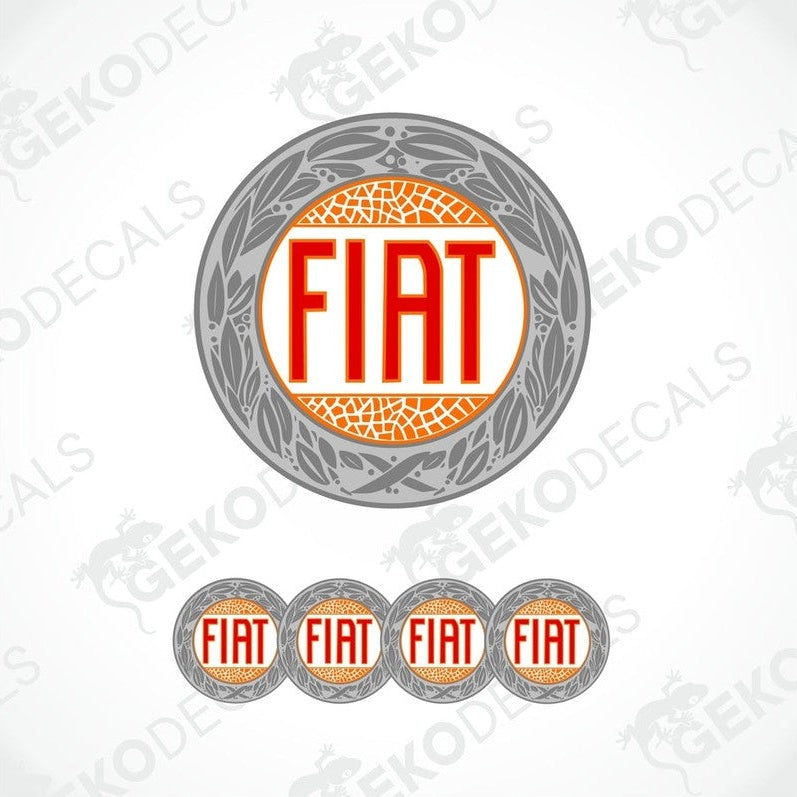 A set of four orange, silver, and red vinyl stickers with the word 'FIAT' in the center.
