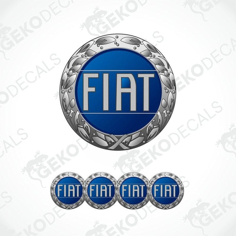 A set of four blue vinyl decals with the Fiat logo, designed for use as car stickers.
