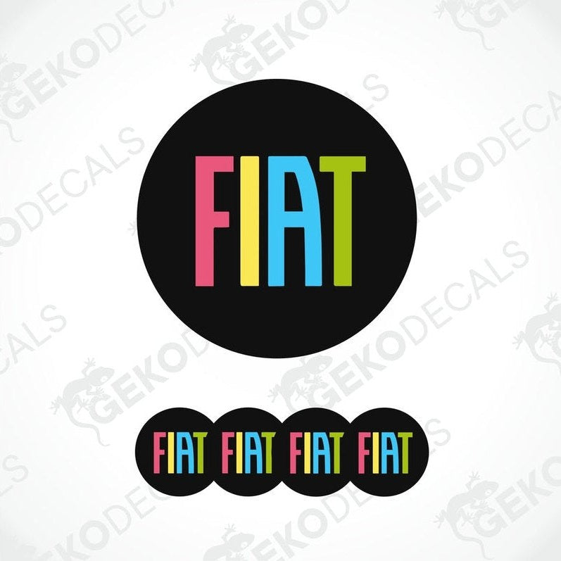 A set of four colorful vinyl stickers that spell out the word 'FIAT'.